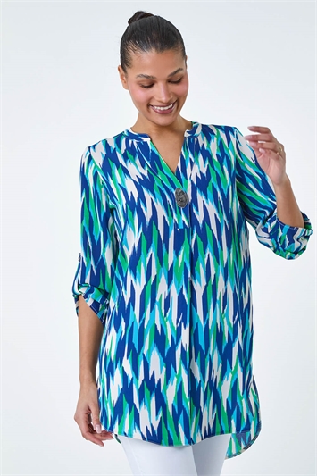 Blue Abstract Longline Button Detail Top