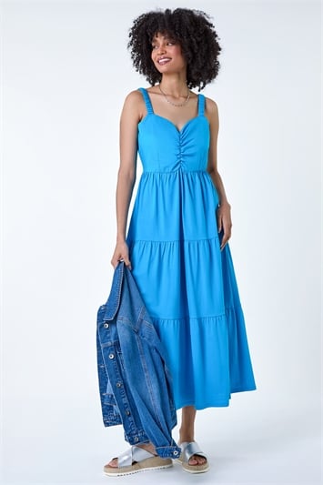Blue Cotton Strappy Tiered Midi Dress