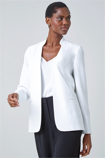 White Smart Collar Longline Blazer Jacket