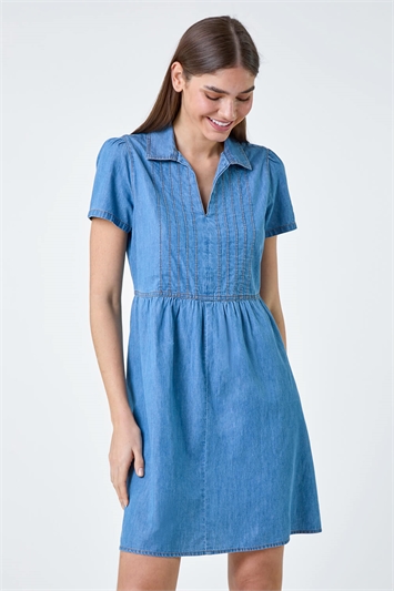 Blue Cotton Denim Collared Dress