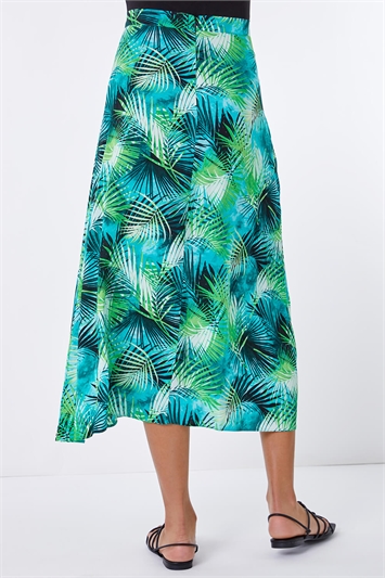 Green Tropical Leaf Button Detail Midi Skirt, Image 3 of 5
