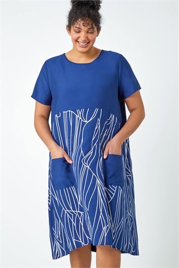 Blue Curve Contrast Print Pocket T-Shirt Dress