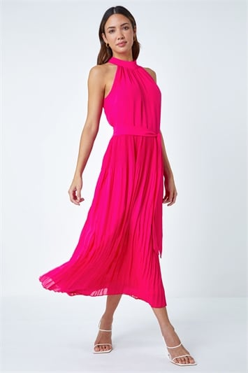 Pink Halterneck Pleated Chiffon Maxi Dress