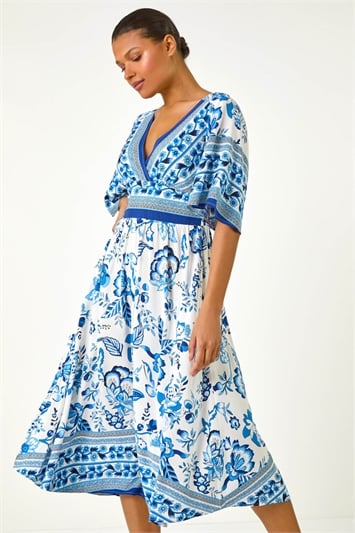 Blue Floral Border Print Pocket Midi Dress