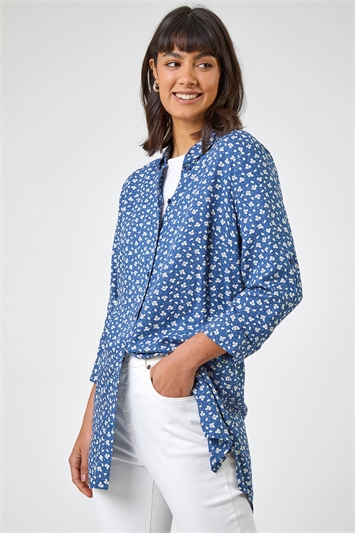Blue Ditsy Floral Print Belted Blouse, Image 4 of 6