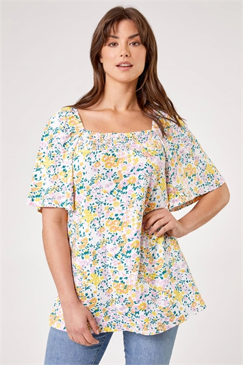 Ivory Curve Ditsy Floral Print Longline Top