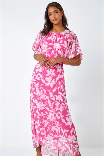 Pink Floral Frill Detail Chiffon Midi Dress