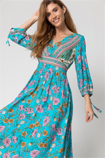 Blue Floral Border Print Maxi Dress, Image 3 of 5