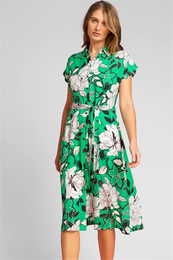 Green Floral Print Belted Shirt Dress