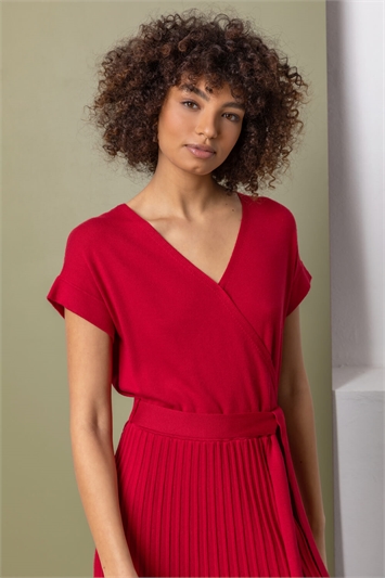 Red Belted Wrap Pleated Knit Dress, Image 4 of 4