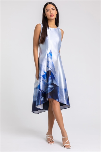 Blue Abstract Print Dipped Hem Midi Dress, Image 3 of 4