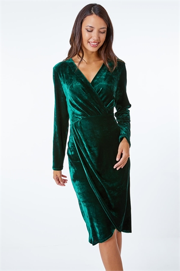Green Stretch Velvet Ruched Wrap Midi Dress