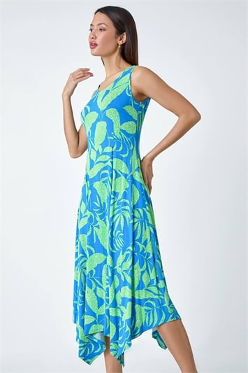 Blue Tropical Print Pleated Maxi Stretch Dress