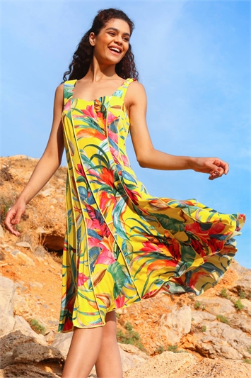 Yellow Tropical Print Stretch Panel Dress