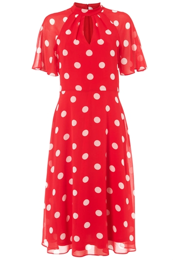 High Neck Spot Midi Dress in Red - Roman Originals UK