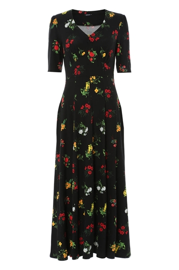 Black Midi Floral Tea Dress, Image 4 of 4