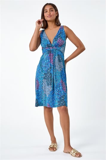 Blue Abstract Floral Stretch Jersey Dress