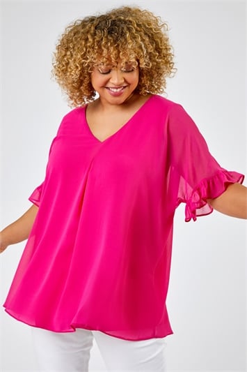 Pink Curve Frill Sleeve Pleat Detail Top