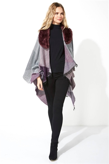One Size Faux Fur Check Shawl in Purple - Roman Originals UK