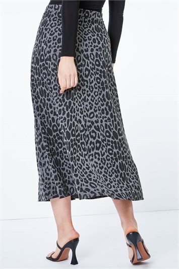 Grey Animal Print Flared Midi Skirt , Image 3 of 4