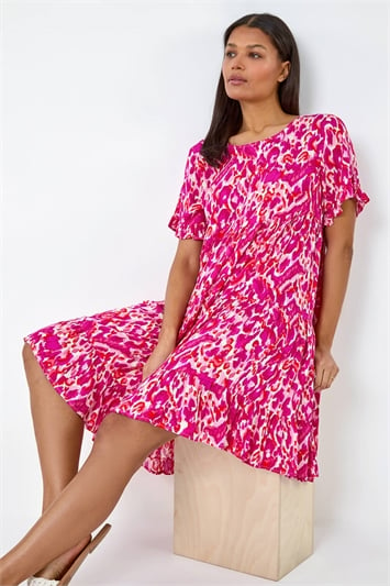 Pink Abstract Print Tiered Smock Dress