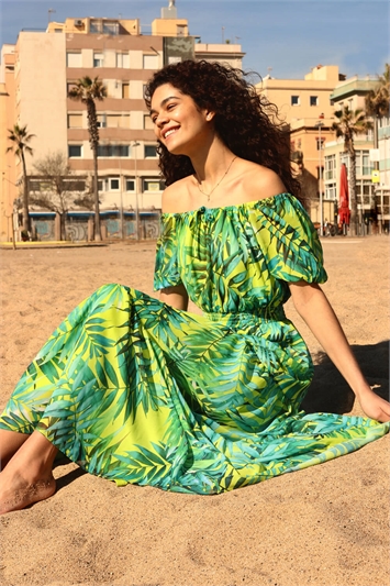 Green Palm Print Tiered Maxi Dress