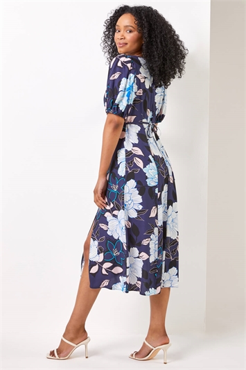 Navy Petite Floral Print Puff Sleeve Midi Dress, Image 2 of 4