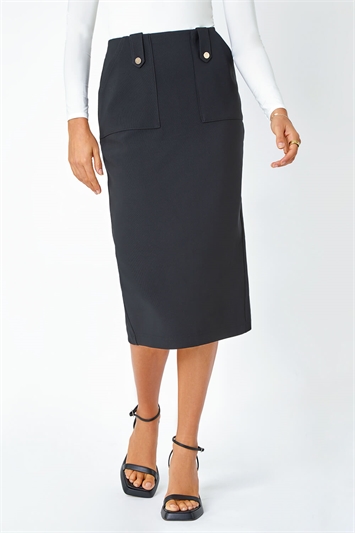 Black Ribbed Pocket Detail Midi Stretch Skirt