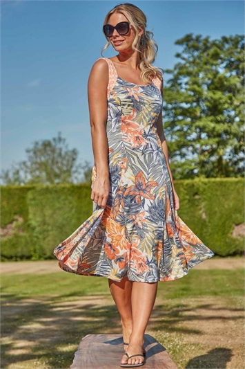 Orange Tropical Print Fit And Flare Dress, Image 3 of 5