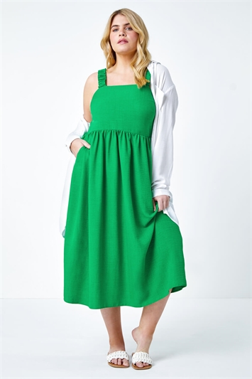 Green Curve Linen Look Ruched Midi Dress