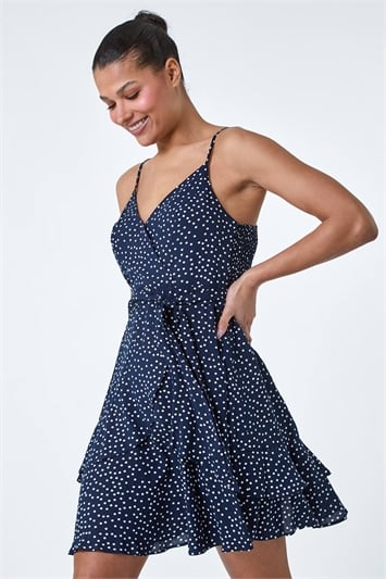 Multi Polka Dot Frill Detail Wrap Dress