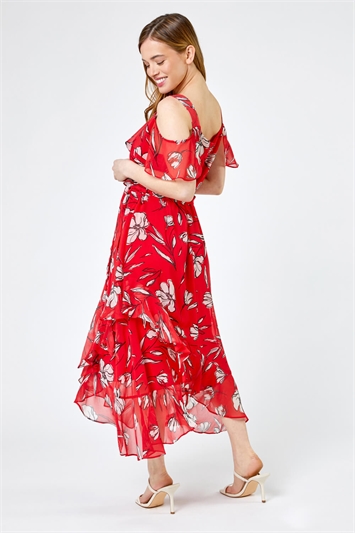 Red Petite Floral Print Cold Shoulder Midi Dress, Image 2 of 4
