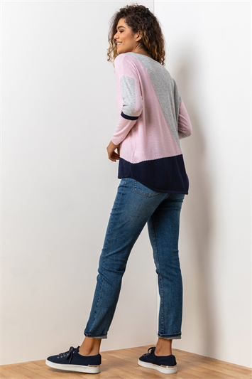 Pink Colour Block Round Neck Jumper, Image 3 of 5