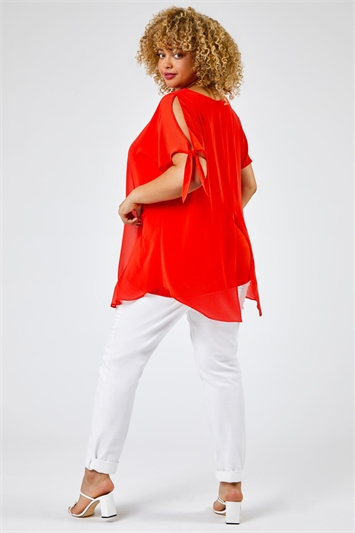 Coral Curve Chiffon Overlay Top With Necklace, Image 2 of 5