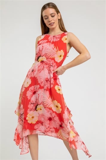 Orange Petite Floral Chiffon Frill Detail Dress