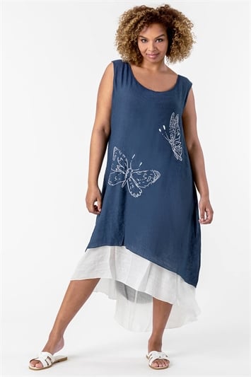 Navy Curve Butterfly Print Layered Dress