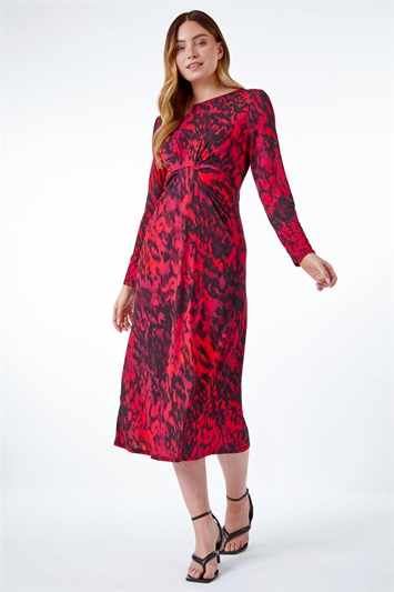 Red Animal Knot Waist Midi Dress