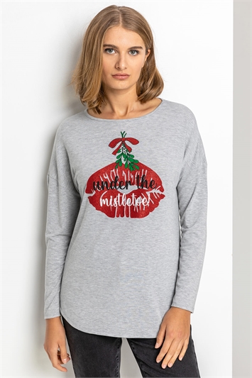 Grey Christmas Mistletoe Motif Jersey Top