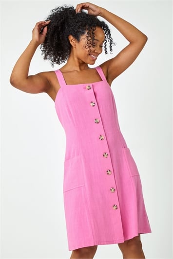 Pink Petite Button Front Pocket Dress