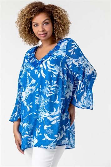 Royal Blue Curve Textured Spot Frill Detail Top, Image 3 of 5