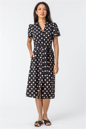 Black Spot Print Midi Shirt Dress, Image 5 of 5