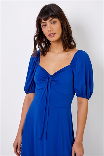 Royal Blue Ruched Jersey Tie Detail Midi Dress, Image 4 of 4