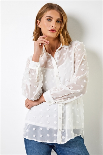 Ivory Textured Spot Button Up Blouse, Image 1 of 4