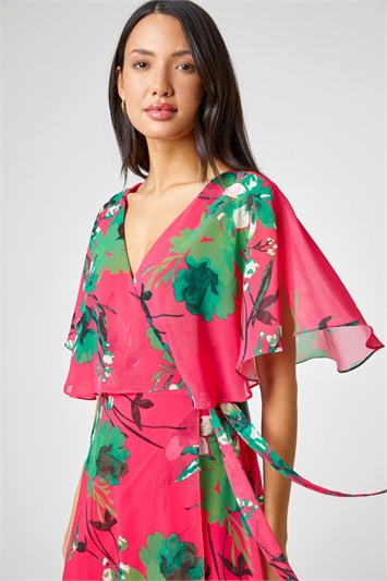 Pink Floral Print Frill Cape Wrap Dress, Image 3 of 5
