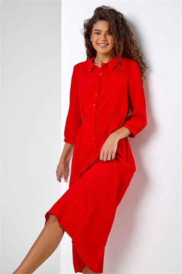 Red Textured Midi Shirt Dress
