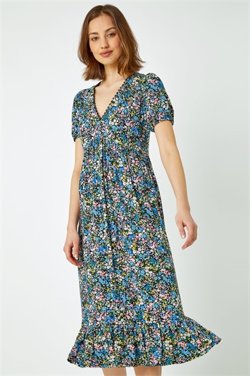 Multi Ditsy Floral Lace Detail Midi Dress