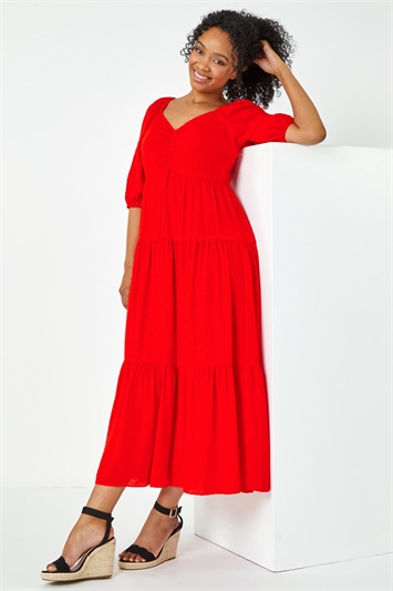 Red Petite Textured Spot Tiered Midi Dress