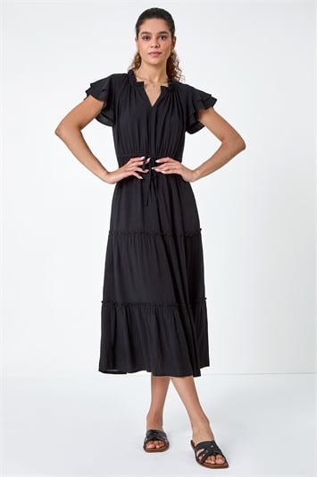 Black Plain Frill Detail Tiered Midi Dress