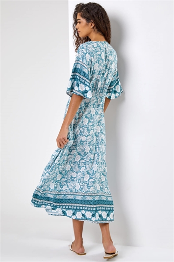 Light Blue Floral Border Print Midi Dress, Image 2 of 5