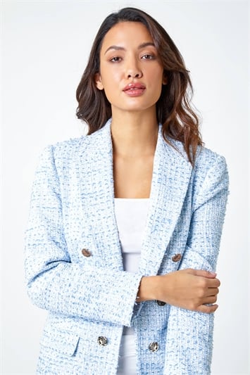 Blue Textured Check Boucle Blazer Jacket